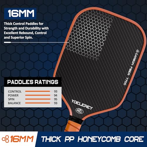 Carbon Fiber Pickleball Paddle, 3K Carbon Abrasion Surface (CAS) for Spin Friction with 16MM Honeycomb Core Pickleball Paddle, T700 Raw Carbon Fiber for Power & Consistency, USAPA Approved