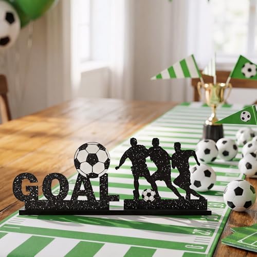 Smile Soccer GOAL Wooden Standing Decor Set, 2-Piece Black Player Silhouette & Text Tiered Tray Tabletop Signs with Stands for Game Day & Sports Party Decorations - style: Letter Goal