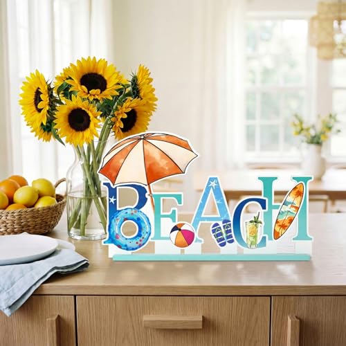 Smile Summer Indoor Decorations Wooden Decor, Beach Hawaii Style, Sign for Home Tabletop Centerpiece Mantel Shelf Fireplace - style: Letter Beach