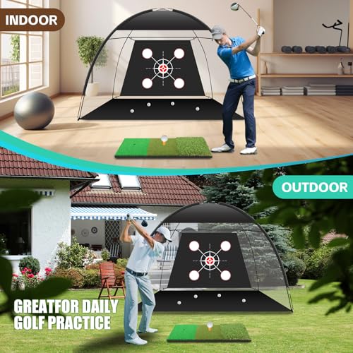 Golf Net Practice 10x7ft with Tri-Turf Mat & Real Balls Set Indoor Outdoor Golf Training Equipment for Backyard Driving Practice Enthusiast Gifts