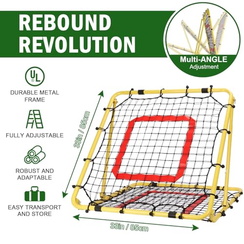 BaseGoal Baseball and Softball Rebounder Net,Baseball Rebounder,Volleyball Rebounder,Pitch Back Net,Multi-Sport Training Rebound Screen,with Pitching Target,Easy Adjustable Angles - size: 33.5x33.5 IN, style: Yellow