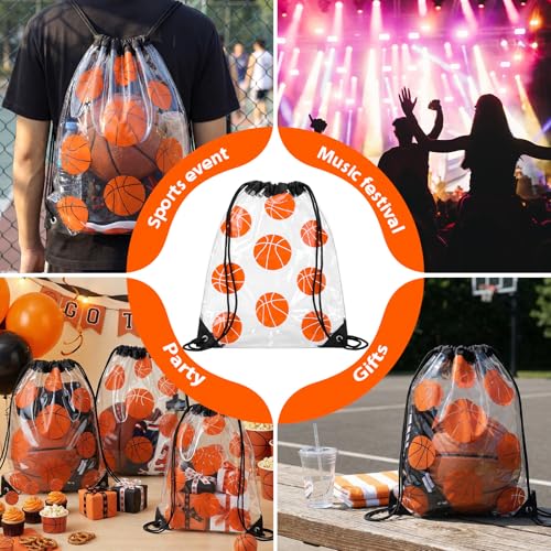 Cholemy 12 Pcs Clear Basketball Drawstring Bags 17 x 13 Inch Waterproof Plastic Gift Snack Goodie Bags for Team Sports Gym Events Stadium - style: Basketball Style