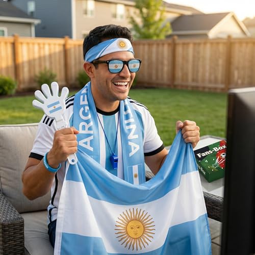 Soccer Fan Gear Set 2026-7 Piece Game Day Kit with Flag, Scarf, Glasses, Whistle, Clapper, Wristband & Headband in Gift Box - Watch Party & Stadium Essentials for Argentina - color: Argentina