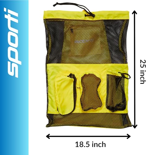 Sporti Swimming Equipment Bag Zipper Pocket, Mesh Drawstring Backpack, Drawstring Bags, Big Mesh Backpack for Workout Gear - color: Equipment - Yellow, style: 4. Two Shoulders & Pockets