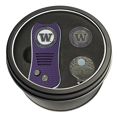 Team Golf NCAA Washington Huskies Tin Ball Marker Gift Set with Retractable Divot Tool, Cap Clip and 2 Double-Sided Enamel Ball Markers, Patented Design, Less Damage to Greens