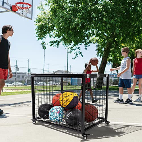 rehomerance Ball Cart Garage Sports Equipment Basketball Organizer with Lockable Lid, Basketball Storage Bin for Indoor Outdoor, Rolling Exercise Ball Holder for Gym, School, Club