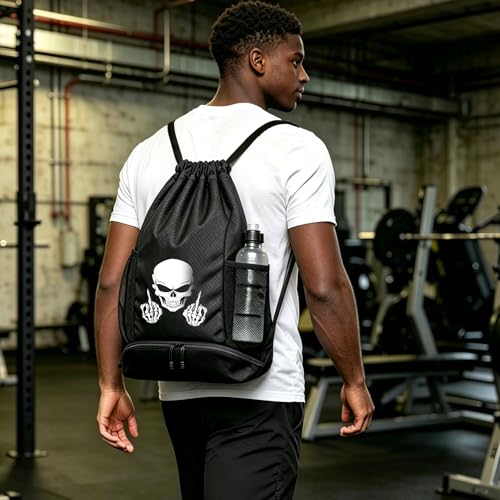 FOECBIR Basketball Drawstring Backpack with Independent Shoe Pocket & Drawstring Bag Wet Dry Separation, Water Resistant Sports Bag with Side Mesh Pockets for Men Women (Skeleton Skull) - color: Skeleton Skull