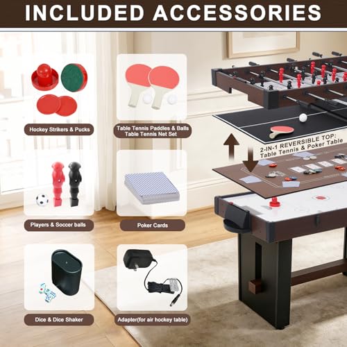 4-in-1 Multi Game Table, 54" Combination Game Table Set, Combo Games Table with Air Hockey, Table Tennis, Foosball, Poker Tabletop for Family, Game Room, Teenagers, Adults