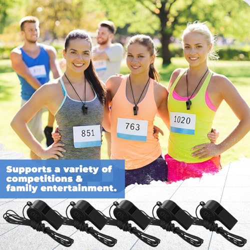 Arrowbash 500 Pcs Plastic Whistles Bulk with Lanyard Loud Crisp Sound Sports Whistle for Birthday Party Goody Bag Fillers Referees Coaches Survival (Solid Color Style,Black)