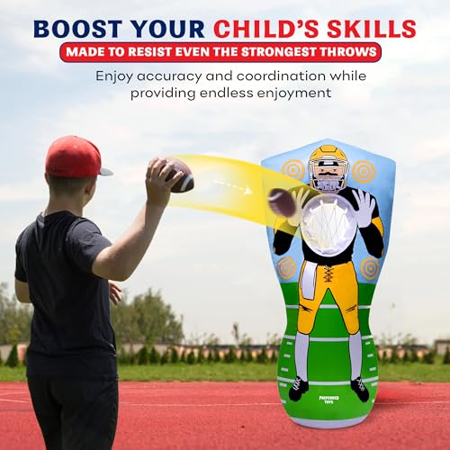 Preferred Toys 65” Inflatable Football Target Net Toss Game - Double-Sided Throwing Practice Football Stuff with Mini Balls - Backyard Tailgate Party Sports Toy for Kids & Adults - color: Yellow/Purple