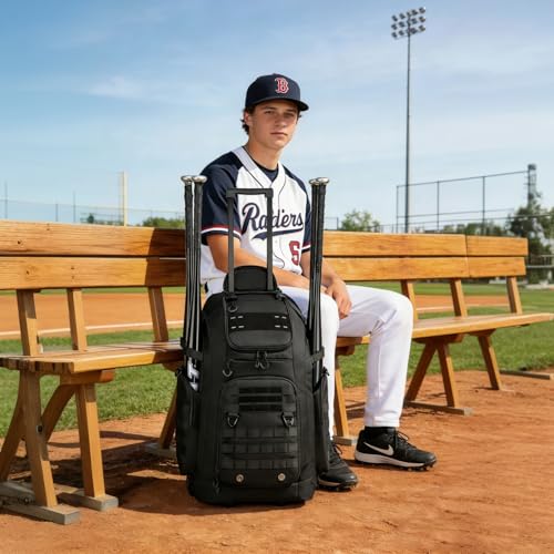 Rolling Baseball Bag with Wheels, Softball Catchers Gear Bags for 4 Bats, Portable Baseball Catcher Bag with Shoe Compartment, Holds All Softball Baseball Equipment - color: Black