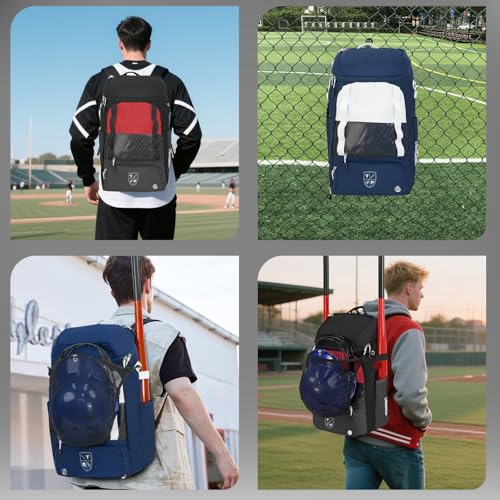 TPAID Baseball Backpack Large Capacity Softball Bag with Shoes Compartment and Fence Hook, Lightweight Baseball Equipment Bag Holds Bats, Helmets, Gloves, Hats, Clothes, Shoes - color: Black-B, size: 2 Bat Baseball