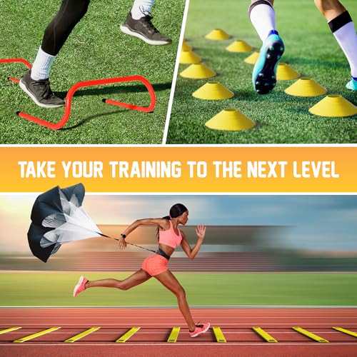 Yes4All Agility Ladder Speed Training Equipment Set - 1 Adjustable Agility Ladder, 12 Soccer Cones, 5 Hurdles, Jump Rope, Running Parachute - Speed & Agility Training Equipment for All Ages - color: A. Set Yellow