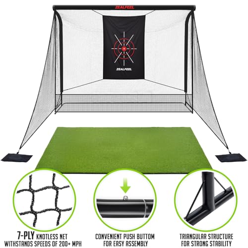 Zealfeel Golf Net, 10x7ft/8x8ft/11x8ft Golf Enclosure Net with Side Barriers/Auto-Ball Return, Low-Noise Target, Carry Bag, 4 Stakes, Hitting Practice Net for Backyard Driving Chipping Indoor Outdoor