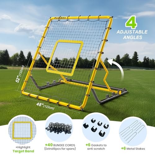 Baseball Rebounder Net,4x4.5FT Multi-Sport Pitch Back Rebounder Steel Frame with 4 Adjustable Angles, 40pcs Bungees Soccer, Volleyball&Lacrosse Trainer for Solo Fielding - color: Yellow