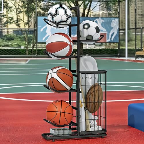 INGIORDAR Ball Storage Basketball Rack Organizer Sports Equipment Garage Stand 6 Tier for Football Volleyball Soccer Indoor Outdoor, Black