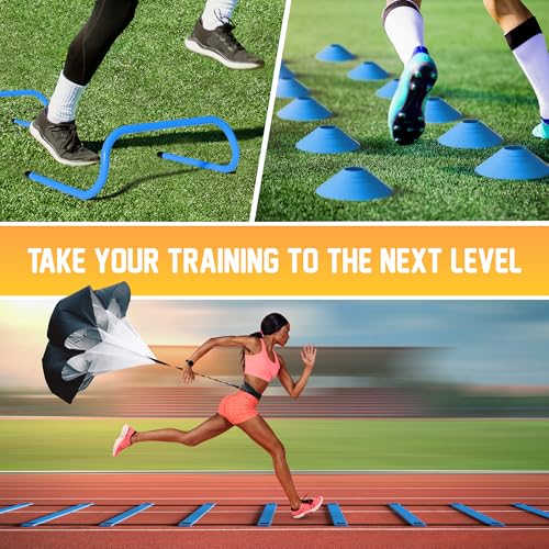 Yes4All Agility Ladder Speed Training Equipment Set - 1 Adjustable Agility Ladder, 12 Soccer Cones, 5 Hurdles, Jump Rope, Running Parachute - Speed & Agility Training Equipment for All Ages - color: C. Set Blue with Jump Rope