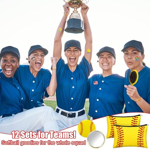 Elcoho 122 Pieces Softball Party Favors Set Softball Team Gifts with 12 Sets Makeup Bags, Hairbrushes, Mirrors, Headbands, Bracelets, Keychains and 50 Stickers for Sports Birthday Party Supplies