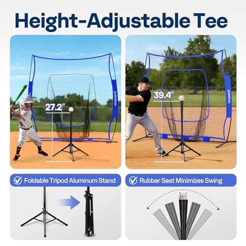 VIVOHOME Baseball Softball Batting Net - 7x7 Ft Baseball Backstop, Softball Practice Net for Hitting, Pitching, Throwing with Batting Tee and Carry Bag - style: 7 x 7 ft Blue Net with Tee