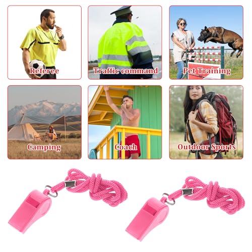 Pink Whistle, 2 Packs Whistle for Coaches, Plastic Coach Whistles with Lanyard, Loud Clear Crisp Referee Whistle, Whistle Emergency for Teacher Polices Officials Sport Training Lifeguard