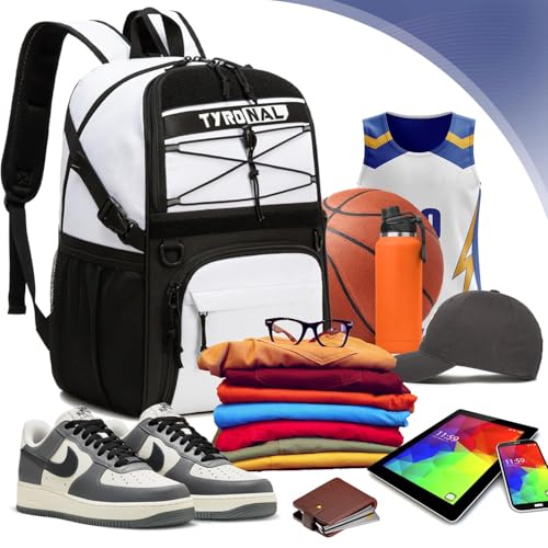 Basketball Bag Backpack with Ball Holder and Shoes Compartment,Best for Basketball, Soccer, Volleyball, Gym. (WHITE)