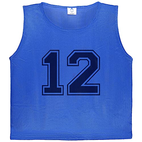 Athllete 12 pcs Duramesh Pinnies/Scrimmage Vest - Kids Youth and Adult Pinnies, Numbered Penny Jerseys for Soccer - color: Azure Blue Numbered Front/Back (1-12), size: Medium