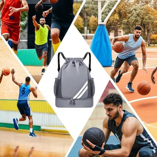 Drawstring Soccer Backpack with Shoe Compartment - Gym Bag for Basketball, Volleyball and Football - Water Resistant Nylon Sports Cinch Sack for Men Women