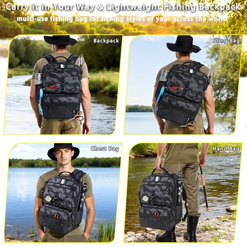 Fishing Backpack with Tackle Boxes and Rod Holder, 24L Fishing Sling Bag with Fishing Lures Kit, Fishing Gear Bag Gifts for Men Women - Black Camo Backpack
