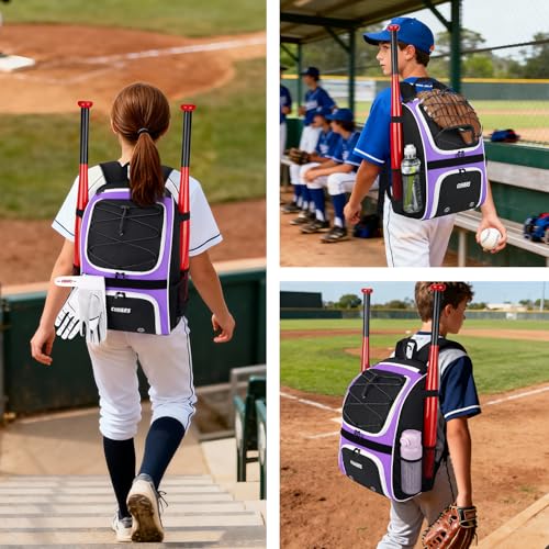 Youth Baseball Bag - Baseball Backpack Bat & Glove Holder, T-Ball & Softball Equipment & Gear,Large Main Compartment for Helmet & accessories, Fence Hook,Insulation Pocket - color: purple