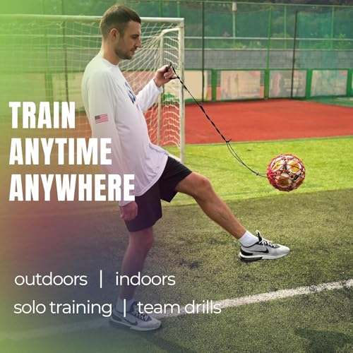 Handle Solo Soccer Kick Trainer with New Ball Locked Net Design, Soccer Ball Bungee Elastic Training Juggling Net (Fits Ball Size 3, 4, 5) - color: Red