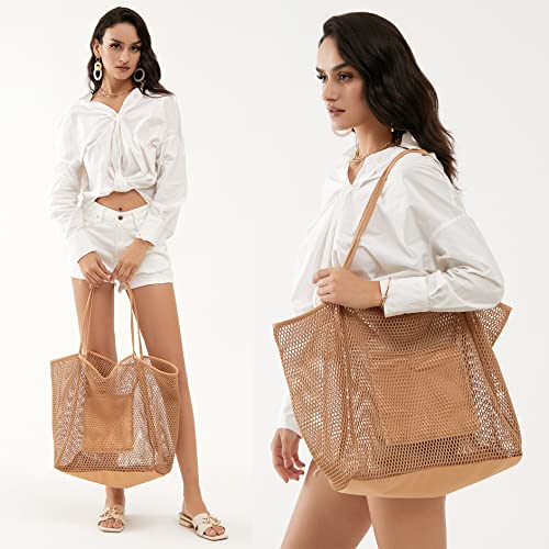 HOXIS Mesh Beach Tote Womens Shoulder Handbag - color: Tan
