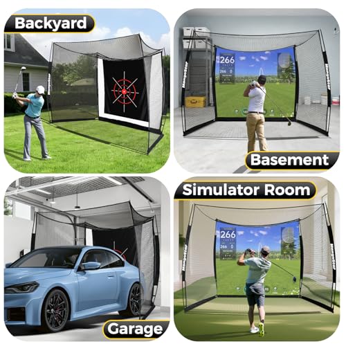 MangoStar Golf Net, 11x8ft Golf Simulators Hitting Net with High-Density Impact Screen and Target Cloth, Heavy Duty Practice Cage for Swing Driving, Home Backyard Garage Indoor Outdoor Use