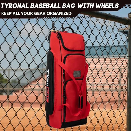 Baseball Bag with Wheels for 4 Bats,Soft Rolling Baseball Bag With Multi-Pockets, Fence Hook, Holds All Baseball Equipment.