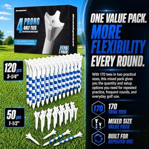 170 Pack Golf Tees 50 Iron Tees with 120 Driver Tees, Pro 4 Line Marking System Plastic Golf Tees, 4-Prong Engineered to Reduce Friction & Longer Distance