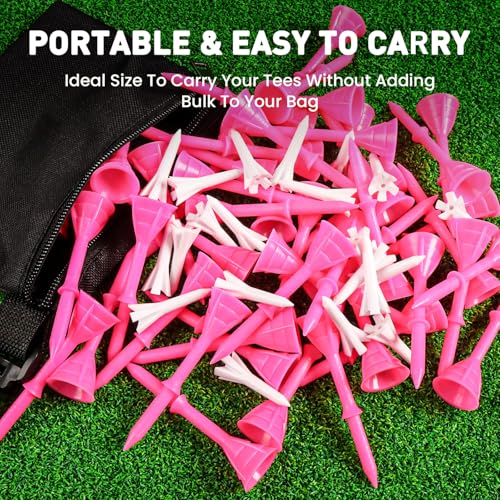 FINGER TEN Golf Tees Plastic Unbreakable 30 Tees 3 1/4 Inch and 20 More Short Tees 1 1/2 Inch with Black Golf Tee Bag, Easy to Find Value Gift Set - color: Pink