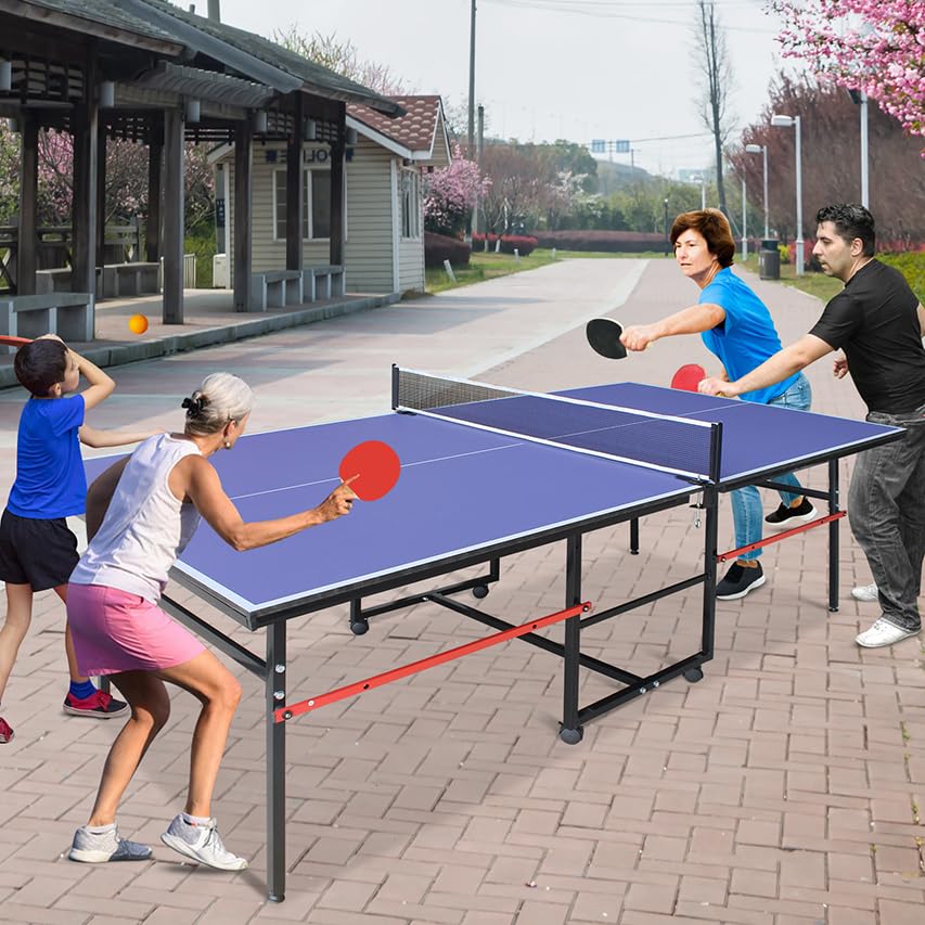 8FT Folding Rolling Table Tennis Table Indoor/Outdoor Table Tennis Table, 2 Rackets, 3 Balls, 1 Net and 4 Wheels Set Behind It for Easy Movement-Blue
