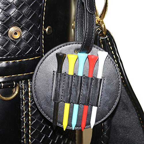 Myartte Golf Tee Holder with Wood Golf Tees Value 1 Set Golf Tee Holder for Bag Belt, Luxury Leather Gift for Golfer Men Women - color: black