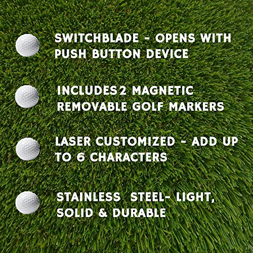 Indiana Metal Craft Switchblade Golf Divot Repair Tool Stainless Steel Personalized with 2 Ball Markers (1 Spare), Silver