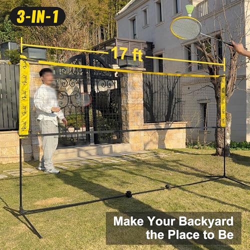 3-in-1 Portable Badminton, Volleyball & Pickleball Net Set for Adults, Adjustable Height 34"–7 ft for Backyards or Beach, Outdoor Sports Combo with Carry Bag, Rackets, Paddles & Balls - style: 17 ft wide Net