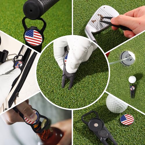 Amy Sport Premium Golf Divot Repair Tool Ball Markers with Belt Clip Value 3 Pack, 7-in-1 Tools Leather Grip Club Holder, Bottle Opener, Club Groove Cleaner, Putting Alignment Guide - color: Black-3 Pack