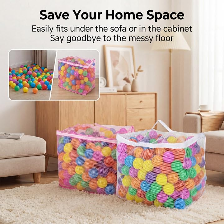 2 PCS Ball Pit Balls Bags - Storage Mesh Bag with Zipper Suitable for Storage,Sturdy and Durable,Large Size 17.7 x 11.8 x 13.7 Inches, Pink & White(Only Storage Bag,No Ball)