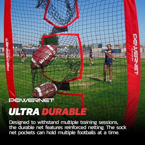 PowerNet Lacrosse & Football Passing Net, 4 x 8 FT Portable 3 Target Pocket Throwing Trainer, Football Training Equipment to Improve QB Accuracy, Throwing Net & Kicking Practice Equipment