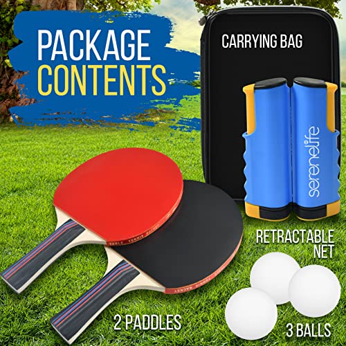 SereneLife Portable Table Tennis Set - Indoor, Outdoor and Tabletop Sports Game Accessories with Retractable Net with Adjustable Clamps, Paddles, Balls, and Carrying Bag, 2 Players