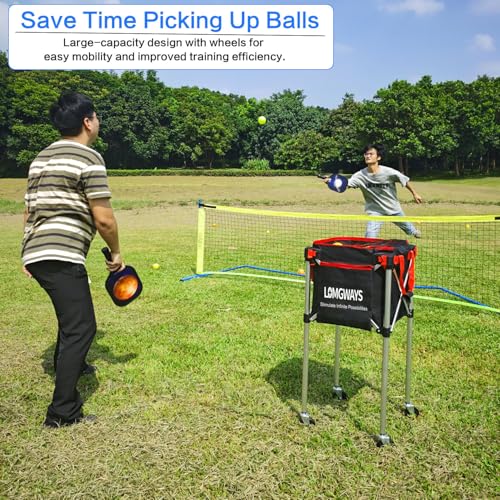 Pickleball Tennis Ball Hopper-Foldable Lightweight Tennis Cart Holds 180 Tennis/160 Pickleballs with Removable Bag,Wheels,Side Pocket for Training/Teaching, for Tennis/Pickleball/Baseball/Softball - style: Red