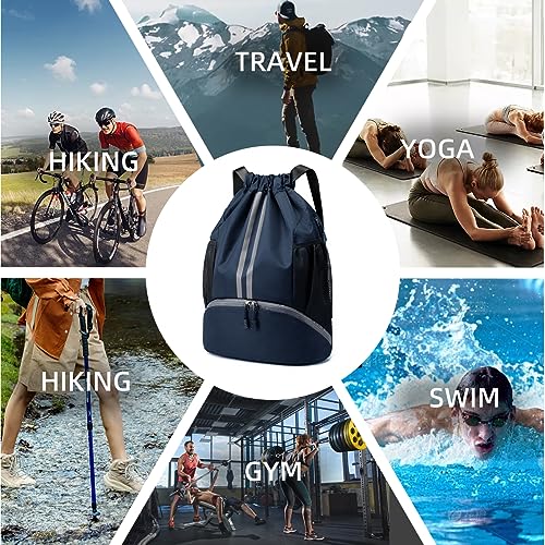 Valleycomfy Sports Drawstring Backpack - Water Resistant String Bag with Side Mesh Pockets Shoe Compartment Gym Backpack for Women & Men Dark Blue - color: A-dark Blue
