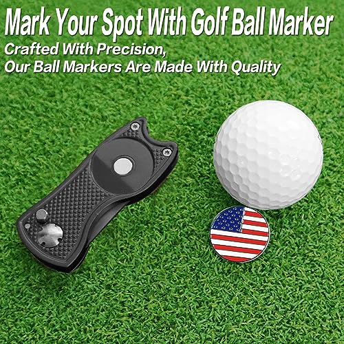 FINGER TEN Golf Divot Repair Tool and Ball Marker Switchblade Value Pack, Foldable Magnetic Stainless Steel with Pop-up Button for Men Women - color: 2 in Black+2 Ball Marker