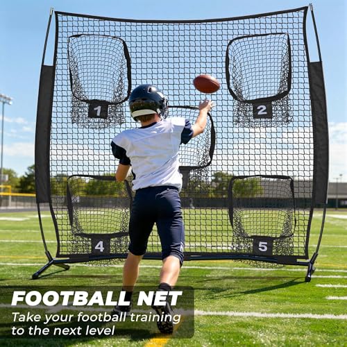 7x7ft/8x8ft Football Throwing Net, Quarterback Training Equipment with 5 Target Pockets, Includes Football, Portable Carry Bag