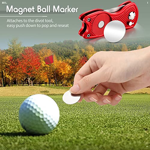 Skylety 4 Pcs Golf Divot Repair Tool Metal Foldable Golf Divot Tool with Magnetic Pop-up Button Ball Marker Stainless Steel Switchblade for Golfers Prizes - color: Red