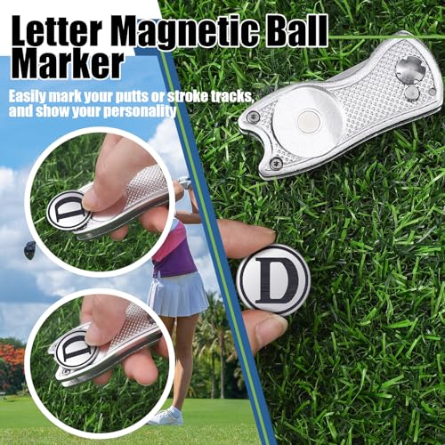 Golf Divot Repair Tool with Letter Custom Monogrammed Initial Ball Marker Divot Tool New Year Golf Gifts Foldable Metal with Magnetic Putt Alignment for Men Father Golfer - color: Silver, style: Letter D