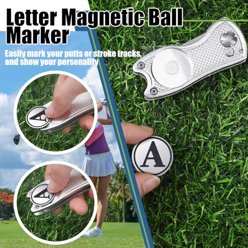 Golf Divot Repair Tool with Letter Custom Monogrammed Initial Ball Marker Divot Tool New Year Golf Gifts Foldable Metal with Magnetic Putt Alignment for Men Father Golfer - color: Silver, style: Letter A